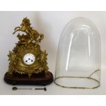 19th C Gilt French Figural 2 Train Clock, set under a glass dome. With key and pendulum. 51cm