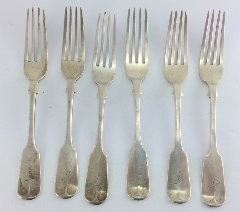 6 silver forks. Hallmarked Glasgow 1858 by G E. Length 20.5cm. Total Weight 450g