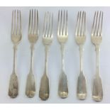 6 silver forks. Hallmarked Glasgow 1858 by G E. Length 20.5cm. Total Weight 450g
