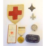 Papier Mache snuff box, Red Cross Long Service Medal and St Johns Ambulance medal