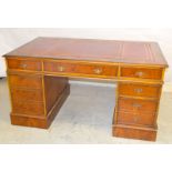 Double side, leather topped pedestal desk. 80 x 150 x 95cm