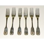 6 Georgian silver forks with stag head motif. 4 by John Henry Lias London 1847. 2 by W Eaton 325gm