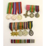 Three WW2 mounted miniature dress medal groups and a ribbon bar