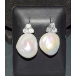 A Very Good Pair Of 18Ct white gold Diamond And Baroque Pearl Earrings 1.4Ct"S