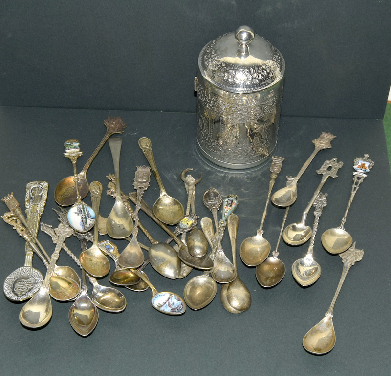 Collection of silver and silver plate tourist spoons