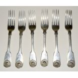 6 Georgian dinner forks with stag head motif. 3 by John & Henry Lias London 1847 and 3 by W T 540gm