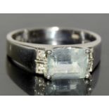 9ct White gold Aquamarine with diamond shoulders ring size O