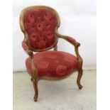 Edwardian button back arm chair with show wood surrounds