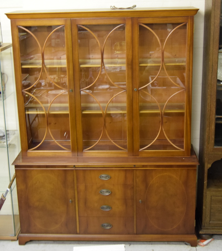 Modern Yew wood display cabinet in two parts with glass shelves and internal fit cutting slide 2