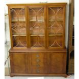 Modern Yew wood display cabinet in two parts with glass shelves and internal fit cutting slide 2