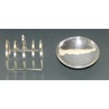 Hallmarked silver pin dish and a silver toast rack