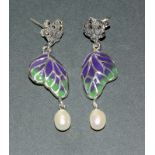A Pair Of Silver Plique A Jour Earrings With Freshwater Pearl Drops