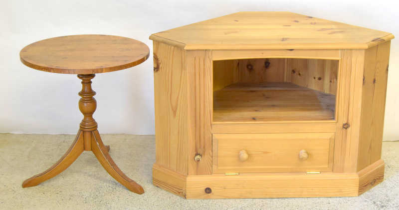 Pine Tv cabinet and Pine pedestal table. 62 x 95 x 50cm