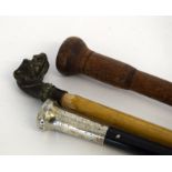 A bronze dog head walking stick, a silver topped walking stick, a pick up stick and one other