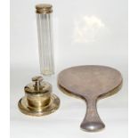 Silver mirror, silver compact / powder with mirror inside and a silver dressing table jar