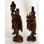 Pair of Chinese carved wood lamp bases. Fisherman and Farmer with bone teeth. Stand 47cm high