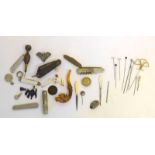 Collection of miscellaneous curios to include penknives, meerschaum pipe and hat pins