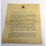 A double sided printed letter dated 22nd March 1919 on Buckingham Palace headed paper Taking the