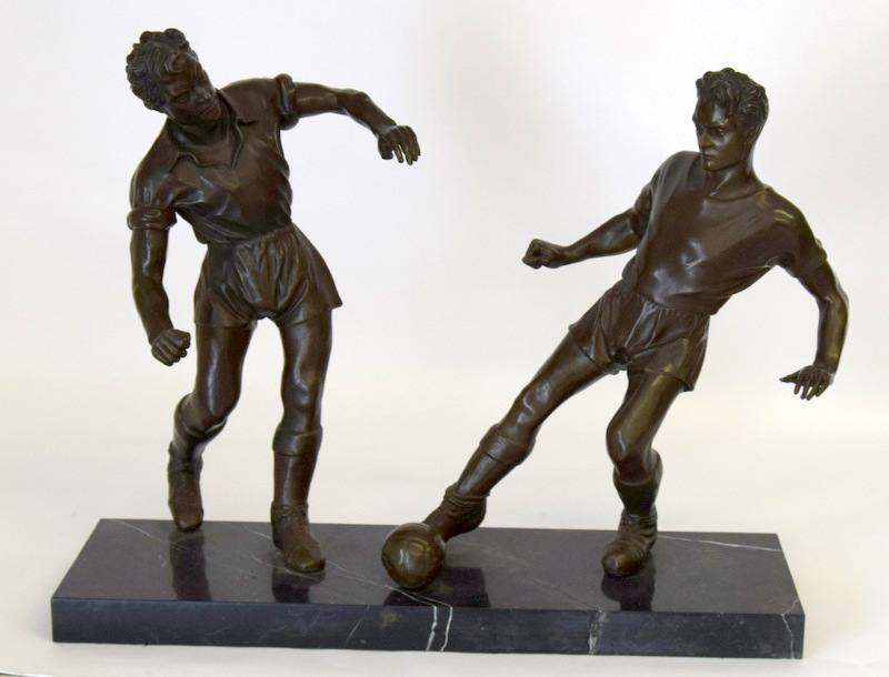 Contemporary bronze 2 footballers playing for the ball set on a marble base. 62cm x 49cm