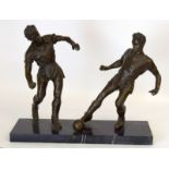 Contemporary bronze 2 footballers playing for the ball set on a marble base. 62cm x 49cm