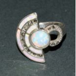 A Silver Art Deco Style Ring Set With Opal And Marcasite