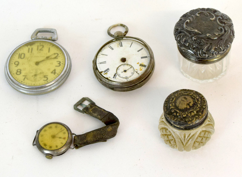 Two Silver Pocket Watches And Another, Two Silver Topped Dressing Table Bottles