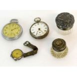 Two Silver Pocket Watches And Another, Two Silver Topped Dressing Table Bottles