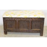 Lined carved oak coffer / silver box. 57 x 106 x 44cm
