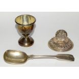 Silver table place setting holder, silver egg cup and spoon
