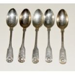 5 Georgian silver teaspoons with stag head motif. 2 by John Henry Lias London 1847 and 3 by W T 155g