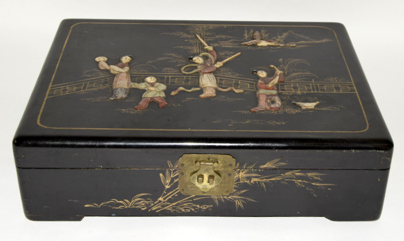 Chinese laurel box with figures in relief wit its contents and original lock