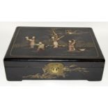 Chinese laurel box with figures in relief wit its contents and original lock