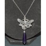 A Silver Art Nouveau Style Pendant Necklace With Amethyst Drop