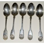 5 Georgian silver dessert spoons with stag head motif by John Henry Lias 1847 275gm