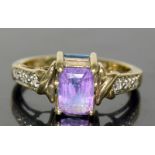 9ct gold ladies twist centre Amethyst ,Aquamarine and diamond hallmarked ring size N