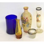 A Bristol Blue Container And A Silver Rimmed Vase A White Friars Miniature Jug Ect