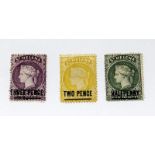 ST HELENA Queen Victoria 6d Green Overprint HALFPENNY, 6d yellow overprinted TWO PENCE & 6d Sixpence