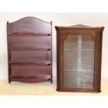 Glass top corner wall cabinet together with mahogany wall shelves. 76 x 97 x 50