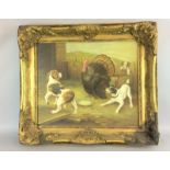 Large gilt framed picture of dogs playing with a turkey. 70 x 80cm