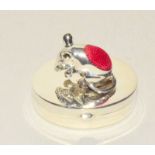 Silver pill box with silver mouse pin cushion to the lid