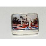 Silver and enamel pill box with picture of a bulldog