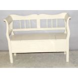 White Painted Pine Settle with under seat storage. 90 x 120 x 40cm