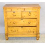 Victorian pine 2 over 3 chest of drawers on turned feet. 93 x 93 x 42cm