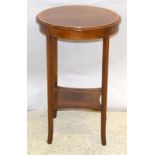 Round inlaid mahogany lamp table on fluted splayed legs. 72 x 45 x 45cm