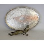 Silver plate on copper galleried tray 45cm and a vintage brass pheasant