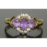 9ct gold ladies 3 stone Amethyst ring size P