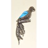 Good silver marcasite and turquoise set parrot brooch