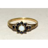9ct gold ladies opal and sapphire cluster ring size O