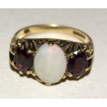9ct Gold Antique set ladies Opal and Garnet ring size Q