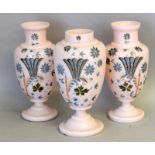 Garniture of Three Victorian Hand painted opalescent vases. Height 32cm